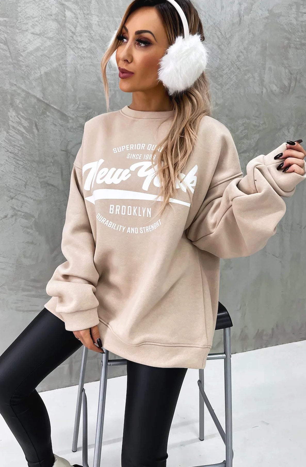 Kelly Oversized 'NY' Printed Jumper Sweatshirt-Stone