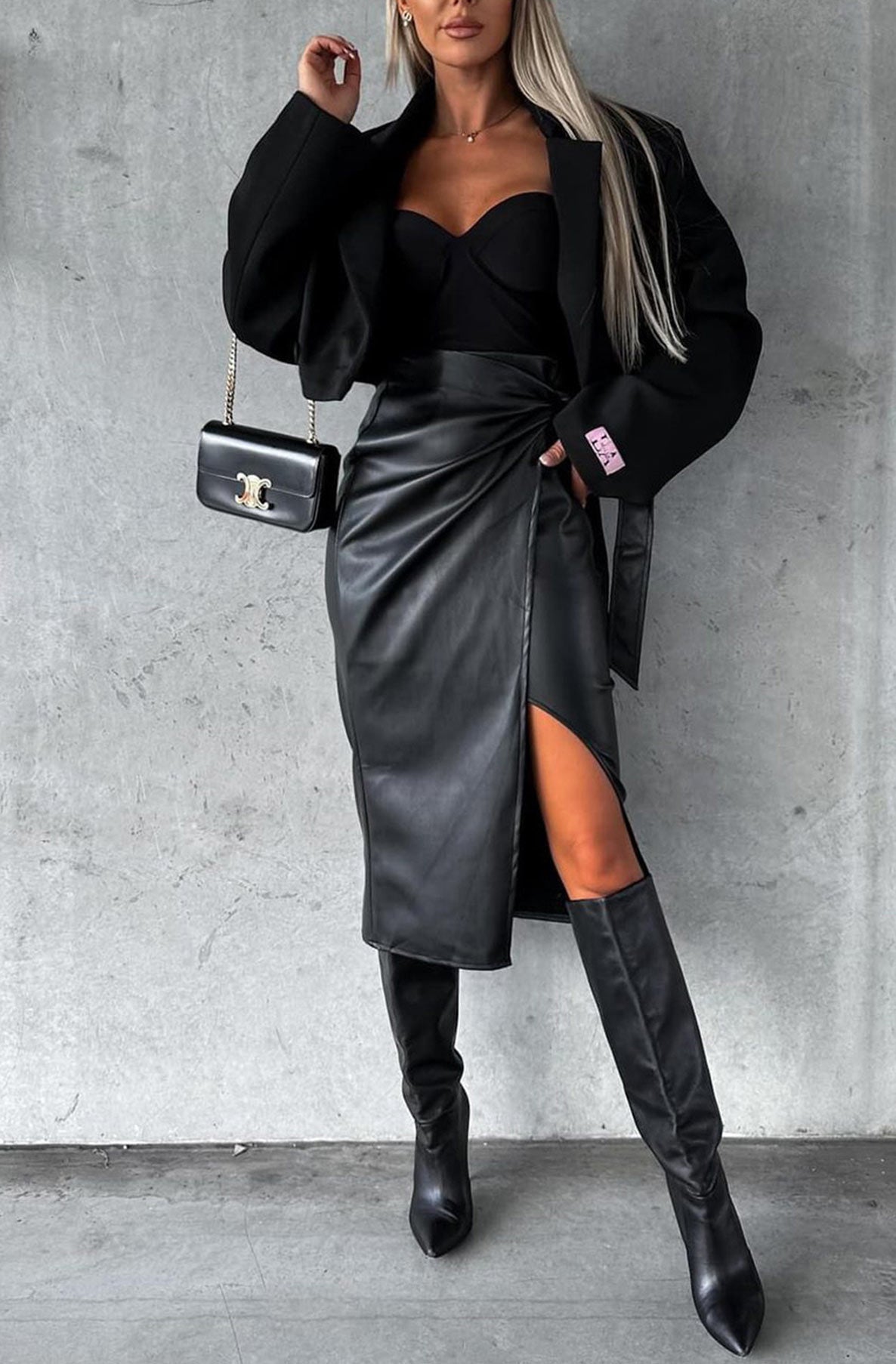 Kenya Faux Leatherette Front Wrap Skirt-Black