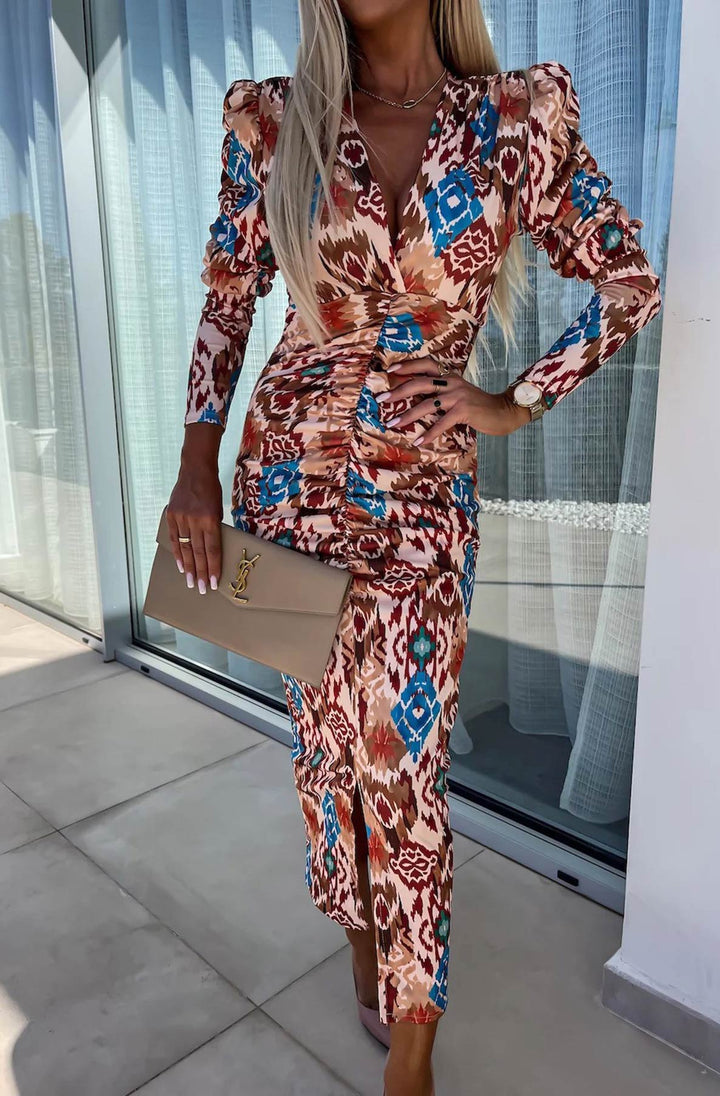 Lucy Abstract Print Bodycon Ruched Midaxi Dress-Brown