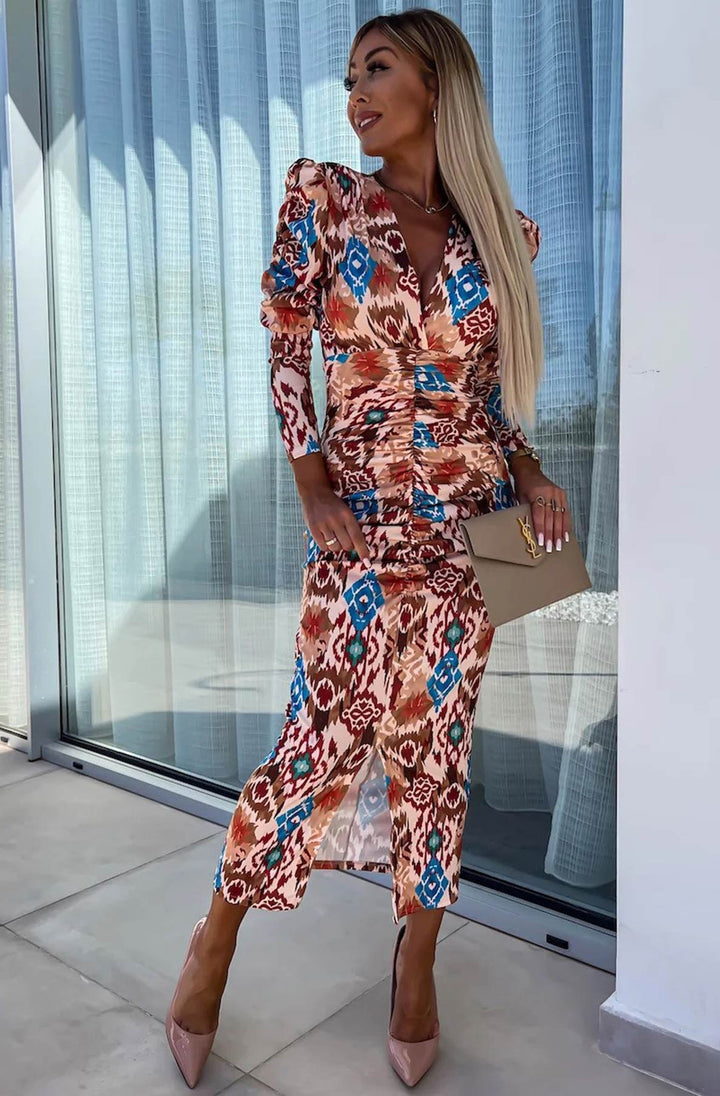 Lucy Abstract Print Bodycon Ruched Midaxi Dress-Brown