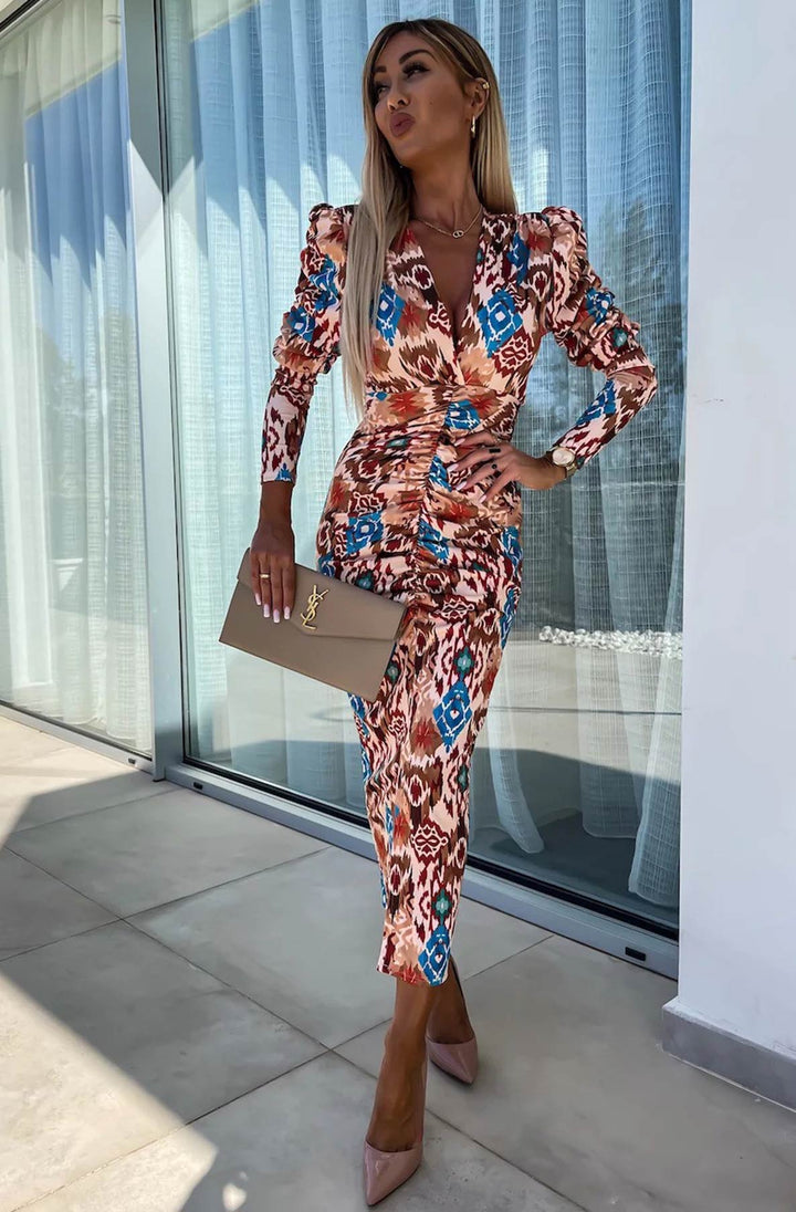 Lucy Abstract Print Bodycon Ruched Midaxi Dress-Brown