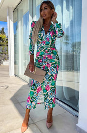 Lucy Abstract Print Bodycon Ruched Midaxi Dress-Green