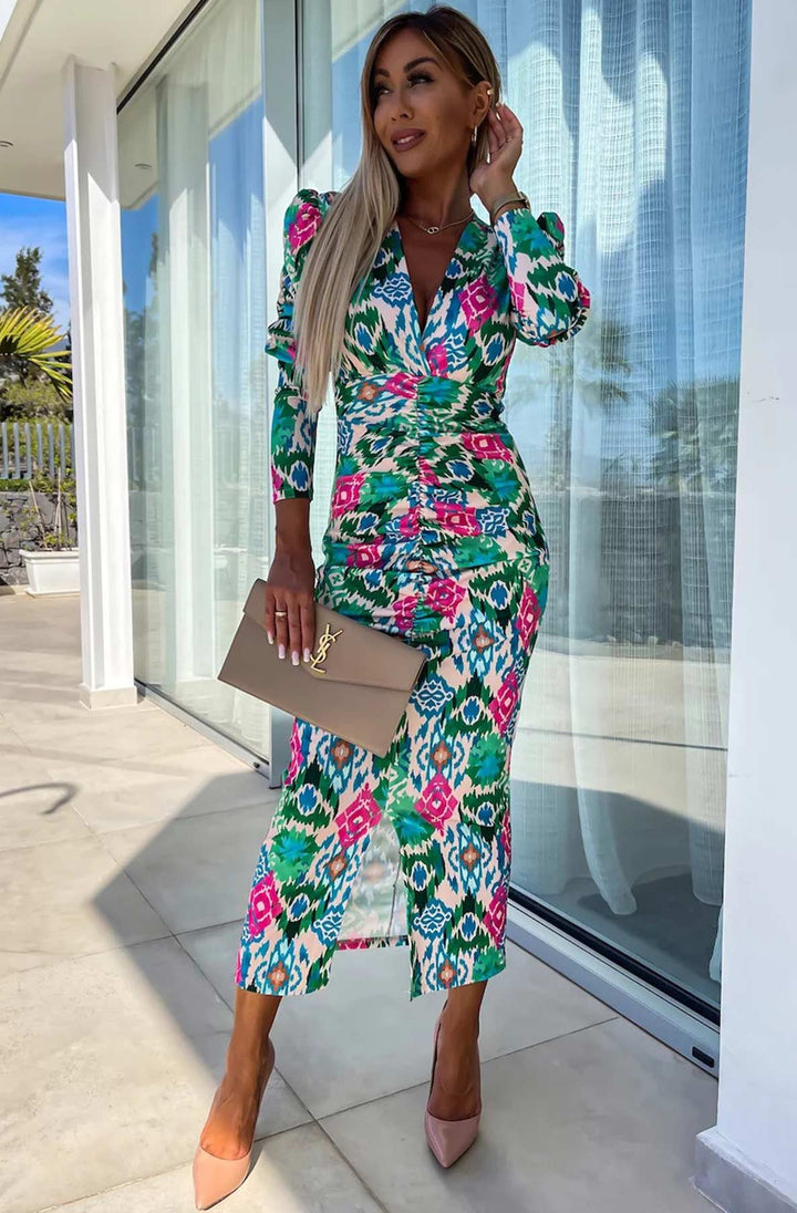 Lucy Abstract Print Bodycon Ruched Midaxi Dress-Green