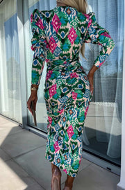 Lucy Abstract Print Bodycon Ruched Midaxi Dress-Green