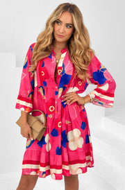 Kira Boho Floral Oversized Abstract Tunic Dress-Hot Pink
