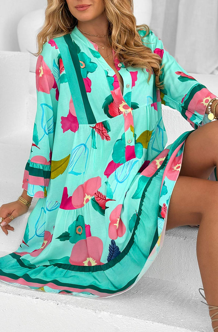 Kira Boho Floral Oversized Abstract Tunic Dress-Mint