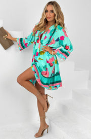 Kira Boho Floral Oversized Abstract Tunic Dress-Mint