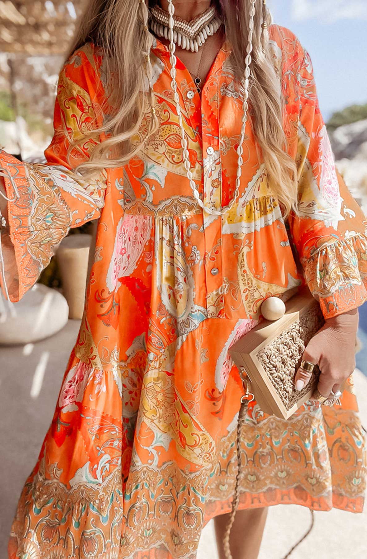 Kira Oversized Abstract Floral Tunic Dress-OrangeYellow