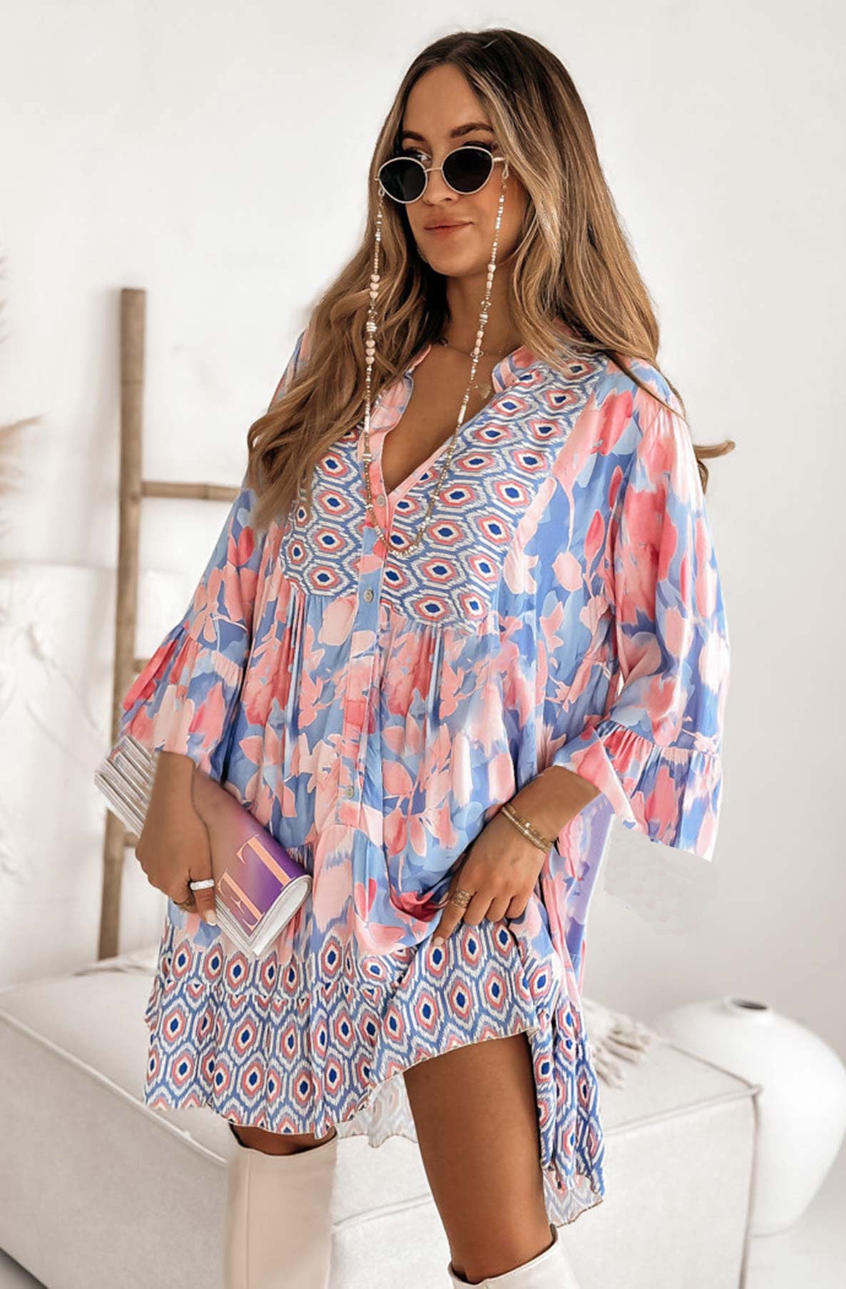 Kira Oversized Abstract Floral Tunic Dress-Pink