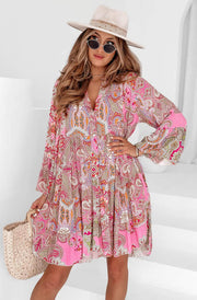 Kira Boho Floral Paisley Oversized Abstract Tunic Dress-Pink