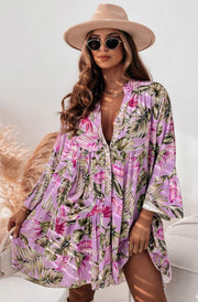 Kira Boho Oversized Tropical Floral Abstract Tunic Dress-Purple