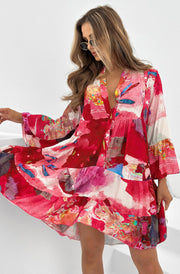 Kira Boho Oversized Abstract Tunic Dress-Red