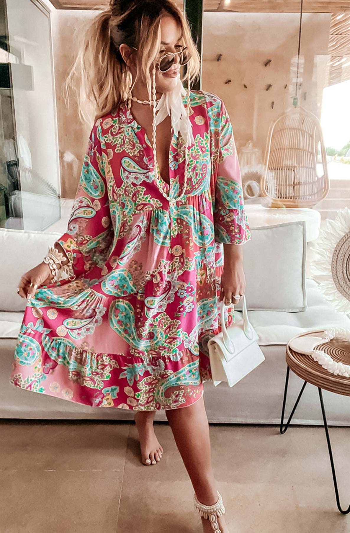 Kira Oversized Abstract Floral Tunic Dress-Red