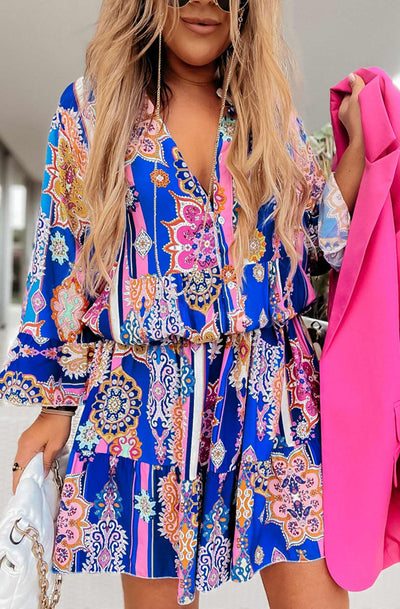 Kira Oversized Abstract Floral Tunic Dress-Royal Blue