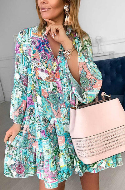 Kira Boho Oversized Floral Abstract Tunic Dress-Teal