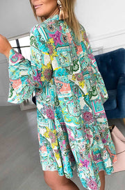 Kira Boho Oversized Floral Abstract Tunic Dress-Teal