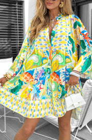 Kira Boho Oversized Floral Abstract Tunic Dress-Yellow