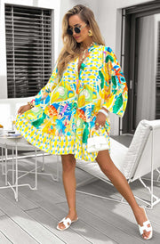 Kira Boho Oversized Floral Abstract Tunic Dress-Yellow