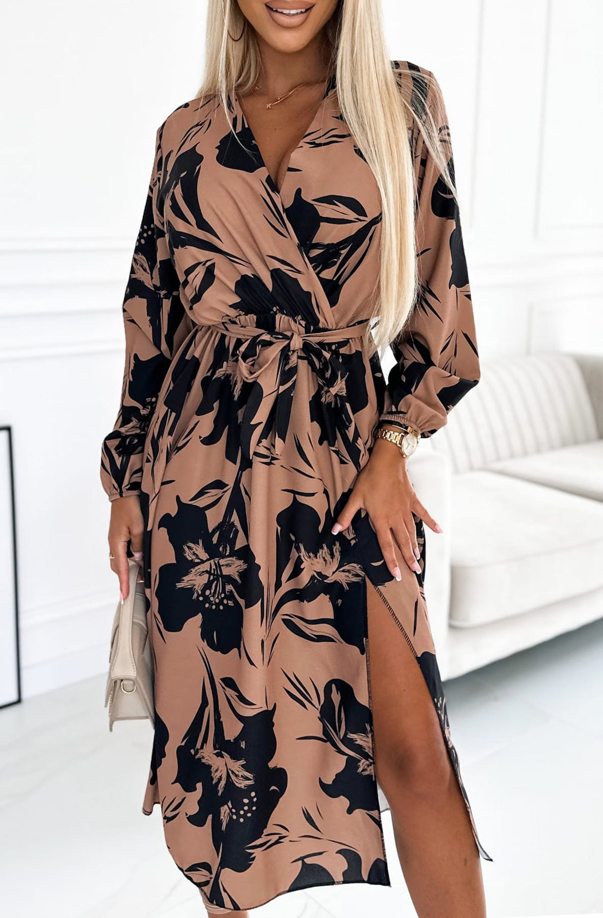 Klara Floral Side Slit Midaxi Dress-Brown