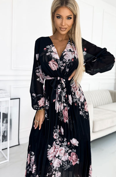 Kora Floral Chiffon Pleated Maxi Dress-Black