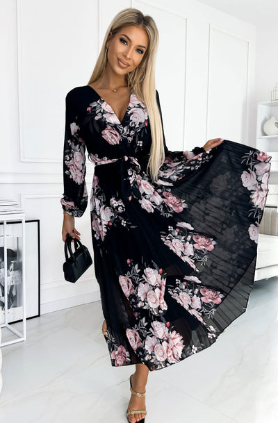 Kora Floral Chiffon Pleated Maxi Dress-Black