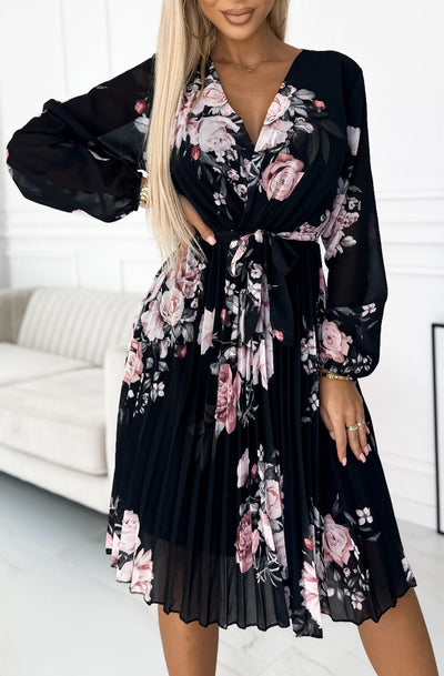 Kora Floral Chiffon Pleated Midi Dress-Black