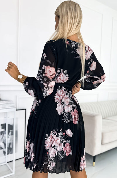 Kora Floral Chiffon Pleated Midi Dress-Black