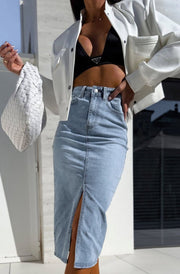 Kora Denim Front Slit Longline Midi Skirt-Light Blue