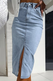 Kora Denim Front Slit Longline Midi Skirt-Light Blue