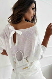 Kori Open Back Bow Light Knitted Sweater Jumper-Ivory
