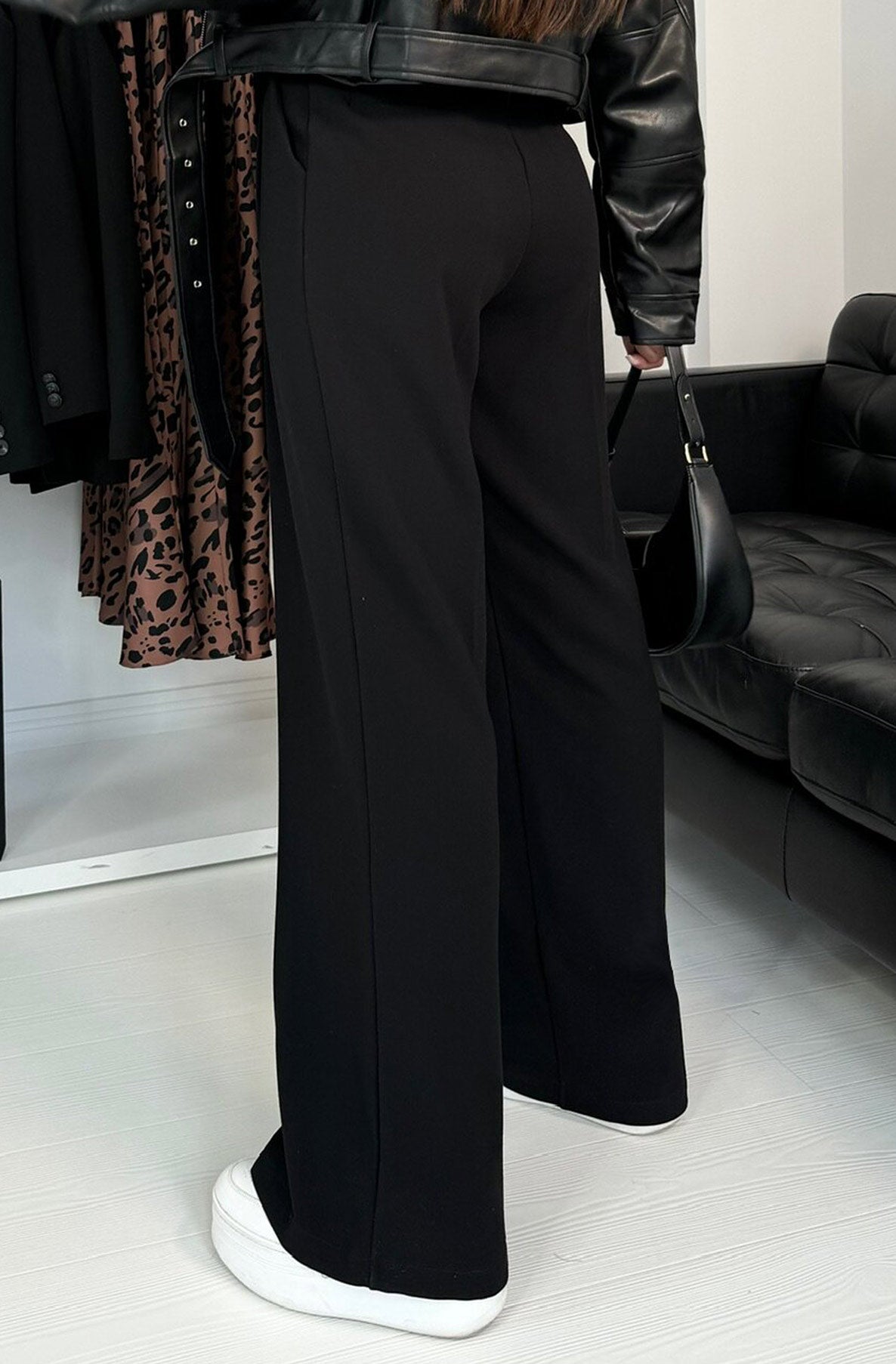 Kym Pocket Detail Wide Leg Trousers-Black