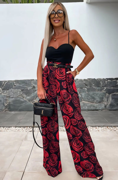 Kym Floral Wide Leg Trousers-Red