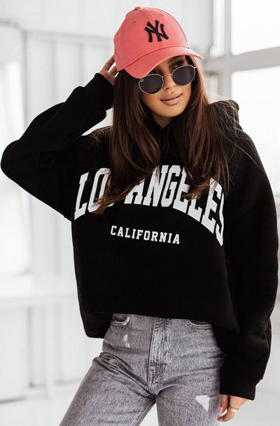 'LA California' Printed Oversized Hooded Jumper Top-Black