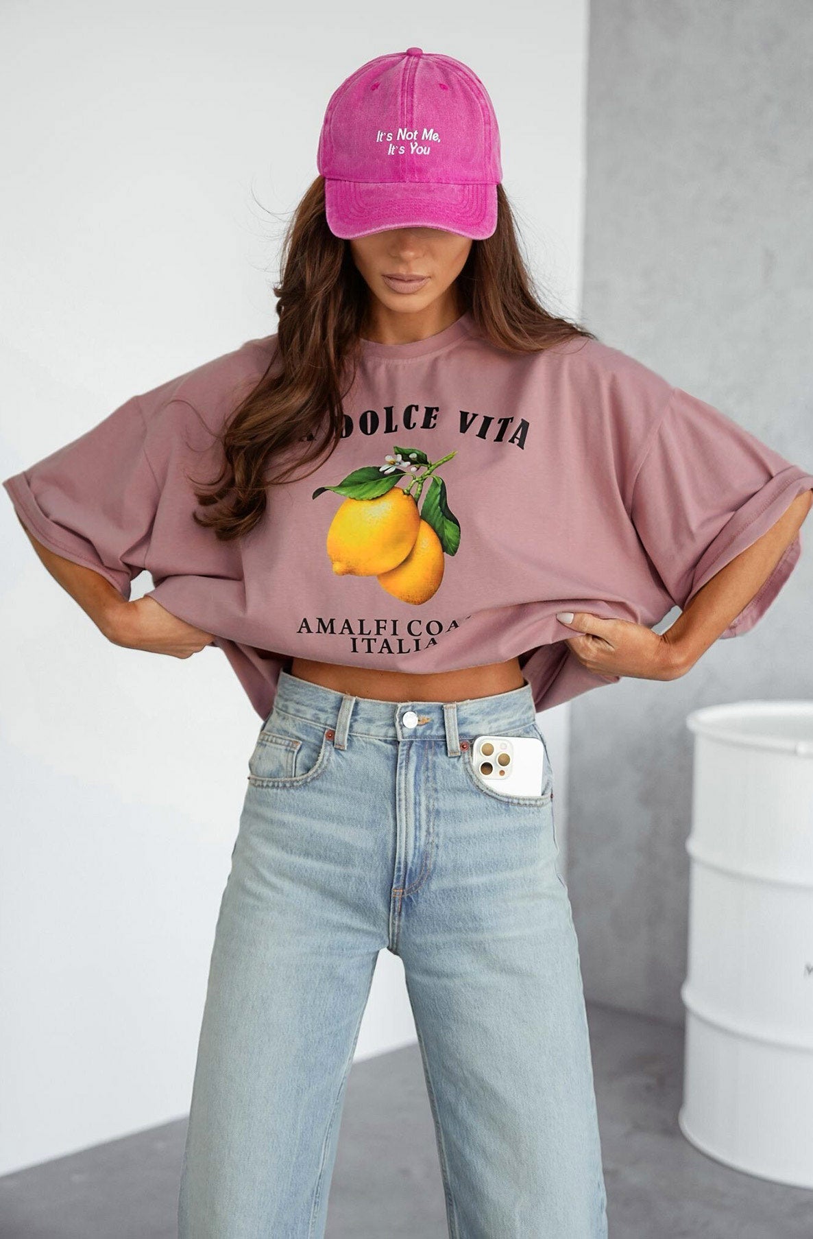 'La Dolce Vita-Amalfi Coast Italia' Graphic Lemon T. Shirt Top-Dusty Pink
