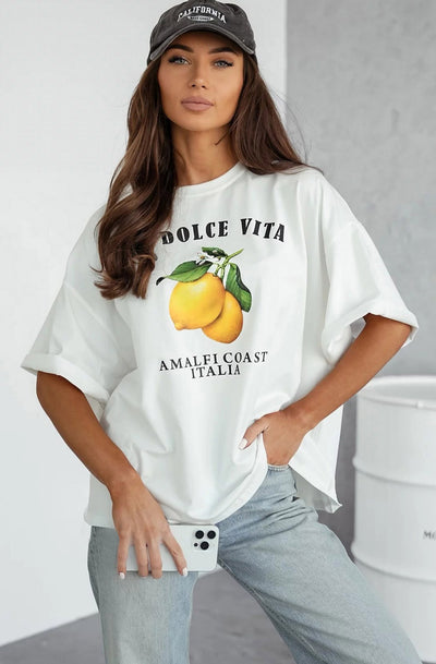 'La Dolce Vita-Amalfi Coast Italia' Graphic Lemon T-Shirt Top-Ivory