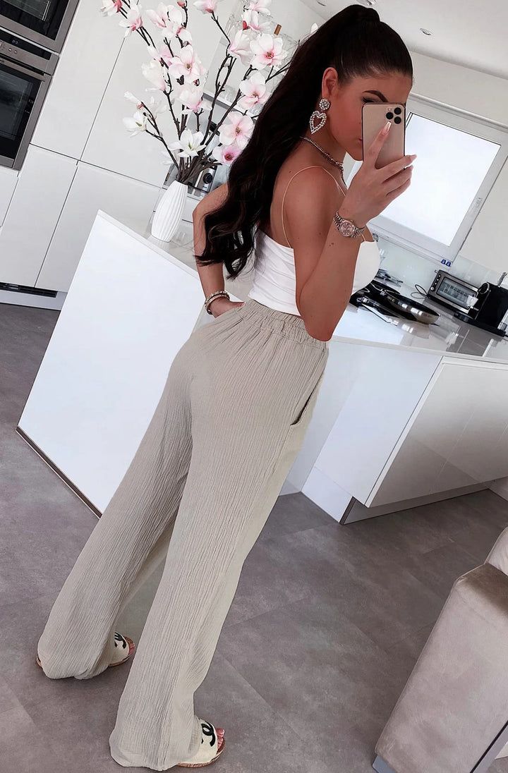 Lanie Wide Leg Cotton Gauze Style Trousers-Stone