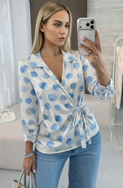 Larissa Satin Abstract Polka Dot Wrap Tie Waist Blouse Top-Blue
