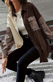 Laurel Corduroy Leopard Patchwork Oversized Shirt Jacket-Brown