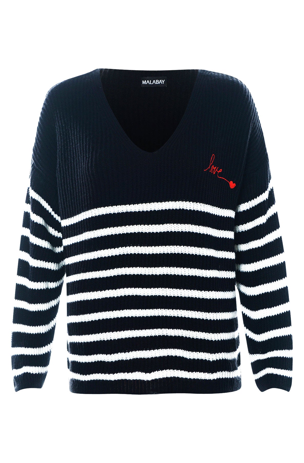 Leah Striped 'LOVE' Knitted Jumper Sweater Top-Black