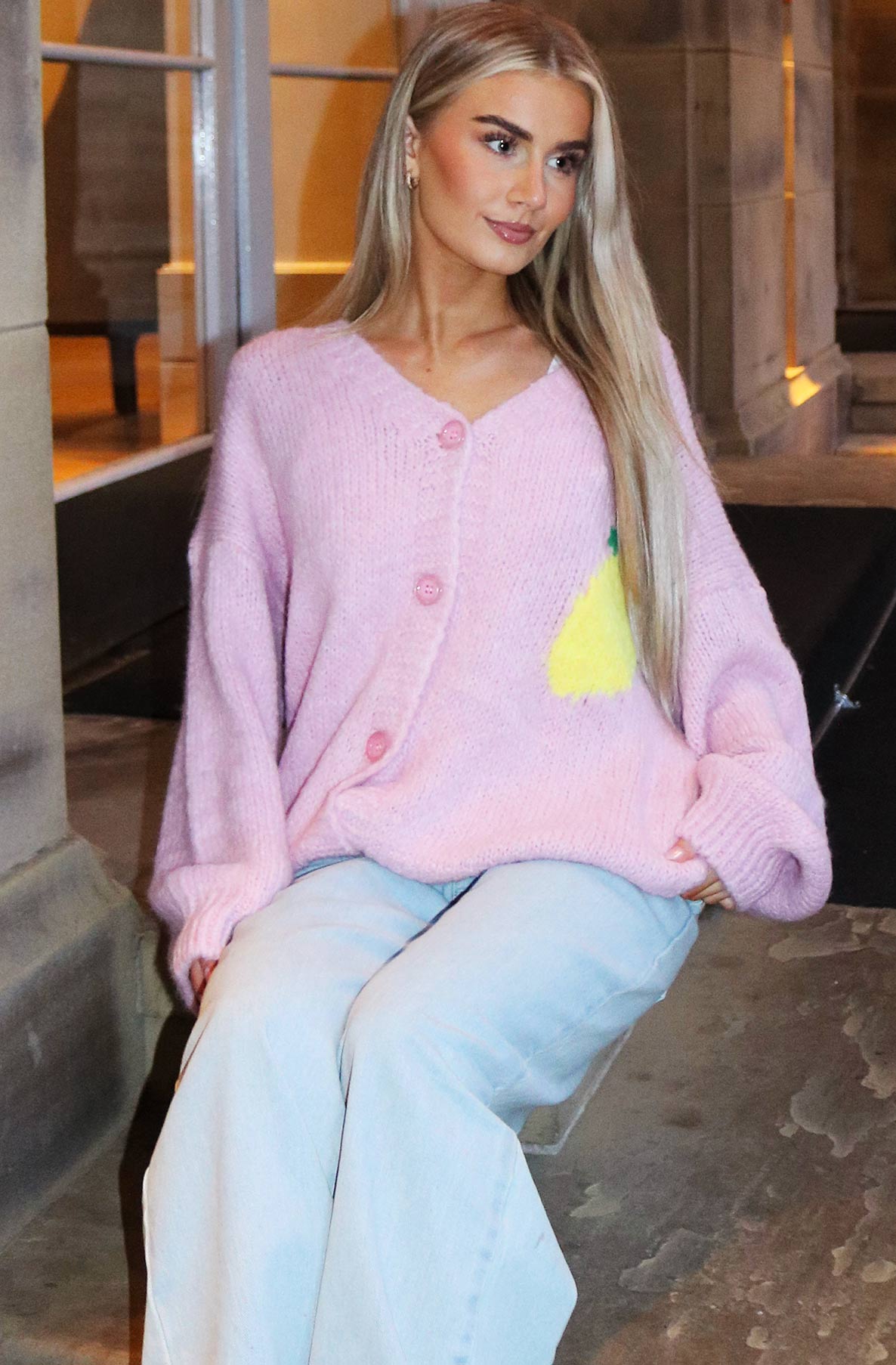 'Lemon Cello' Graphic Oversized Knitted Cardigan-Pink