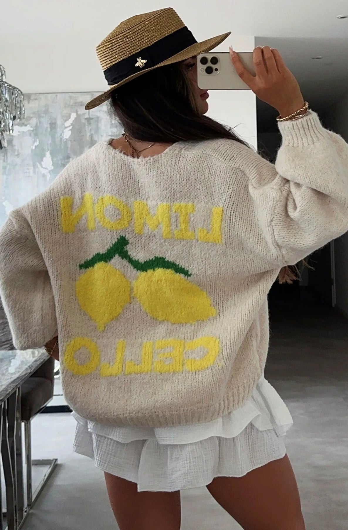 'Lemon Cello' Graphic Oversized Knitted Cardigan-Stone