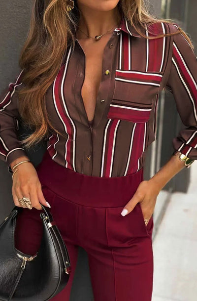 Lexy Striped Long Sleeve Shirt-Wine