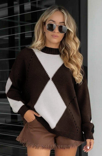 Lila Geometric Pattern Knitted Sweater Jumper Top-Dark Brown