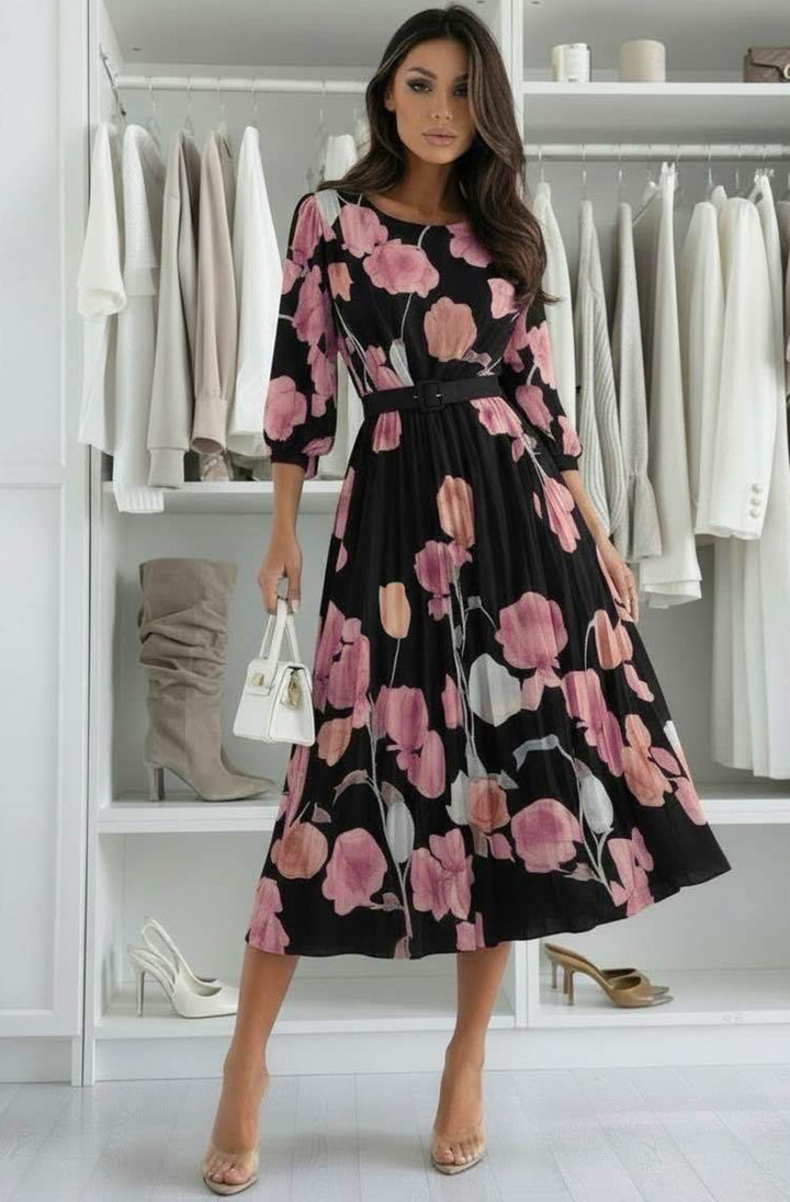 Lilian Floral Pleated Belted Chiffon Maxi Dress-Black