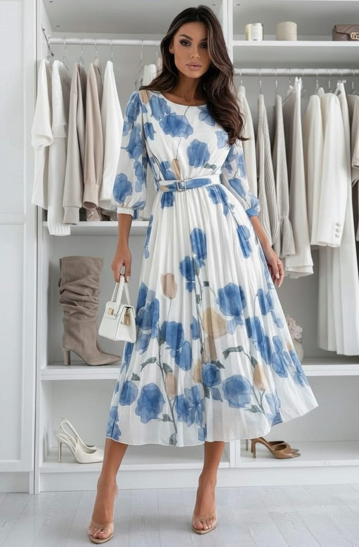 Lilian Floral Pleated Belted Chiffon Maxi Dress-Blue