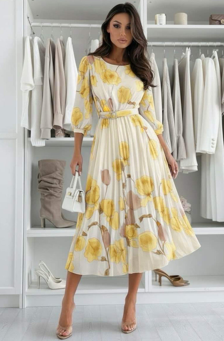 Lilian Floral Pleated Belted Chiffon Maxi Dress-Yellow