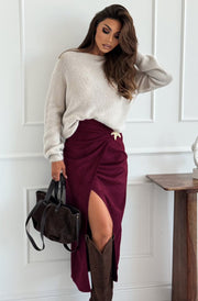 Livia Draped Suedette Split Midaxi Skirt-Wine