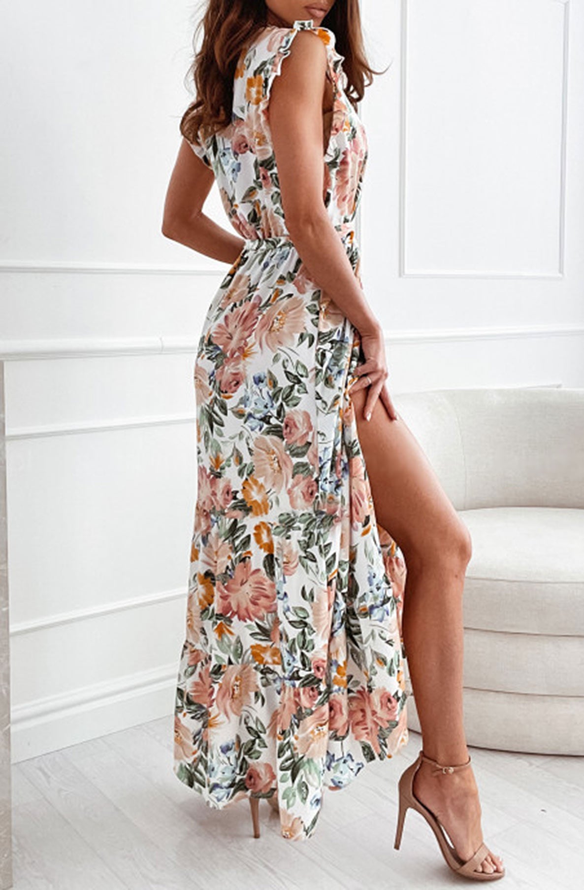 Lorie Floral Chiffon Maxi Dress-Ivory