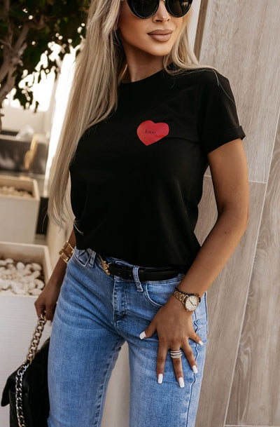 'Love' Heart Printed T-shirt Top-Black
