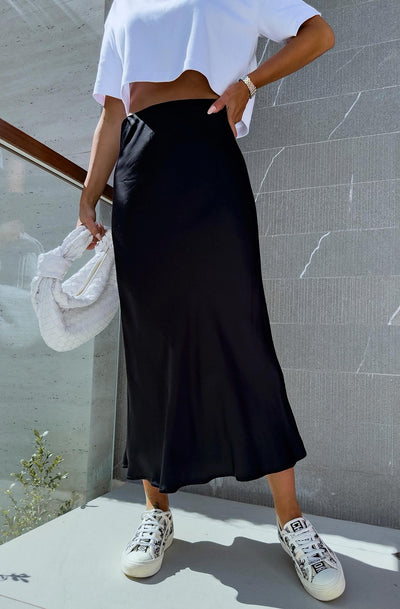 Lucia Satin Midaxi Skirt-Black